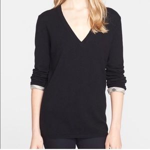 Burberry Black Cashmere V Neck Sweater Nova Check Roll Cuff Sz L